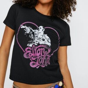 Nasty Gal Black and Pink Elton John Graphic Crop Top/Baby Tee